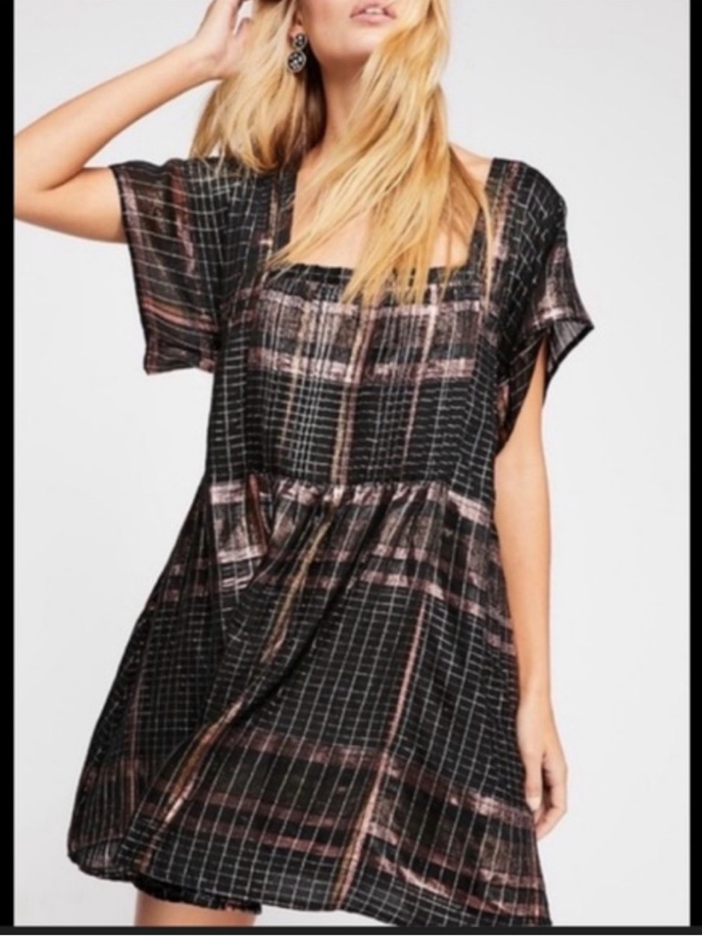People Barcelona Shimmer Metallic Plaid Mini Dress.